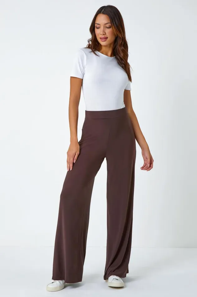 Women Chocolate Wide Leg Stretch Trousers Roman Trousers