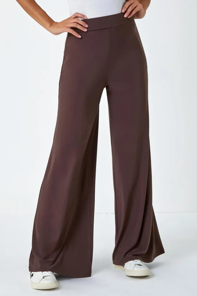 Women Chocolate Wide Leg Stretch Trousers Roman Trousers