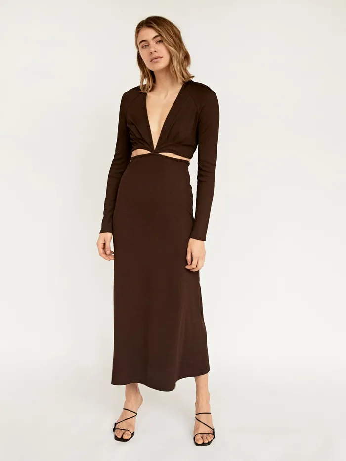 Women Christopher Ebser 8211 Chocolate Open Tie Back Long Sleeve Dress The UNDONE Dresses