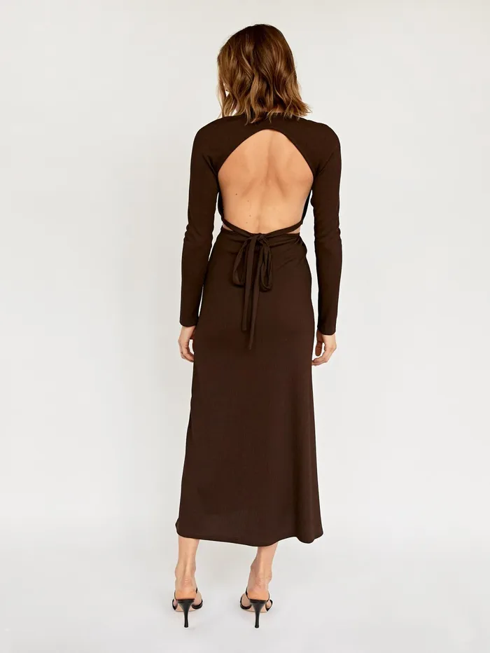 Women Christopher Ebser 8211 Chocolate Open Tie Back Long Sleeve Dress The UNDONE Dresses