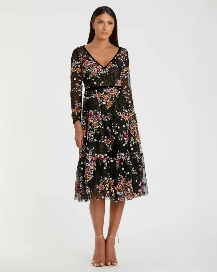 Women Cocktail Dresses Mac Duggal Black Floral Embroidered Tea Length Dress Black Multi Women Cocktail Dresses Mac Duggal Black Floral Embroidered Tea Length Dress Black Multi