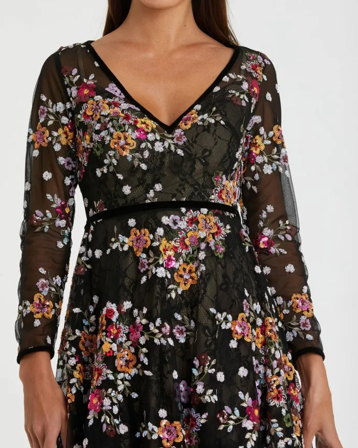 Women Cocktail Dresses Mac Duggal Black Floral Embroidered Tea Length Dress Black Multi
