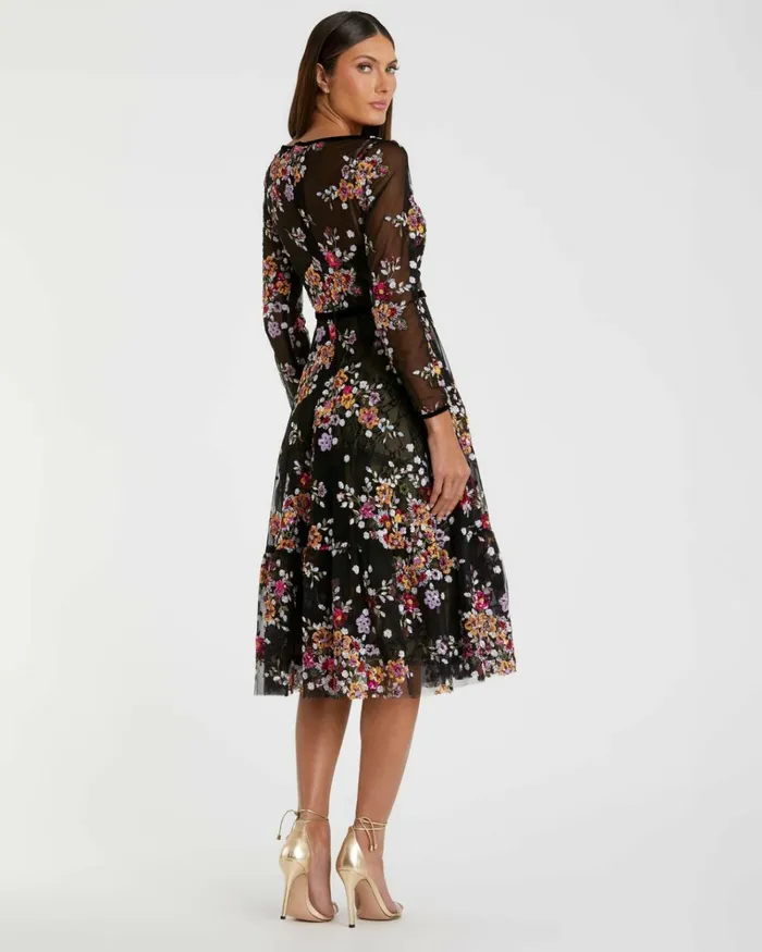 Women Cocktail Dresses Mac Duggal Black Floral Embroidered Tea Length Dress Black Multi