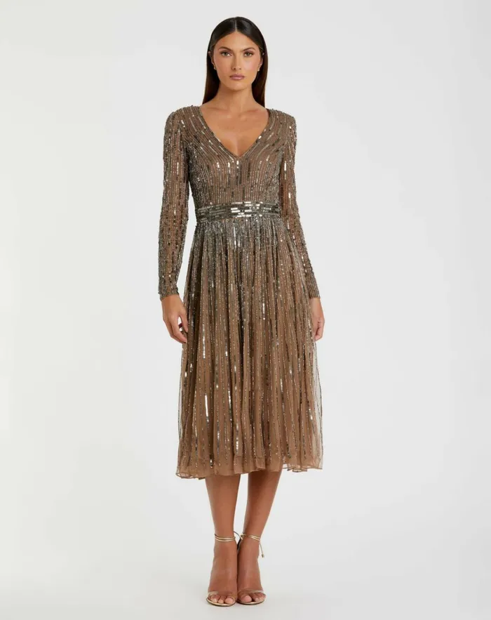 Women Cocktail Dresses Mac Duggal Brown Long Sleeve Tea Length Dress Dark Taupe
