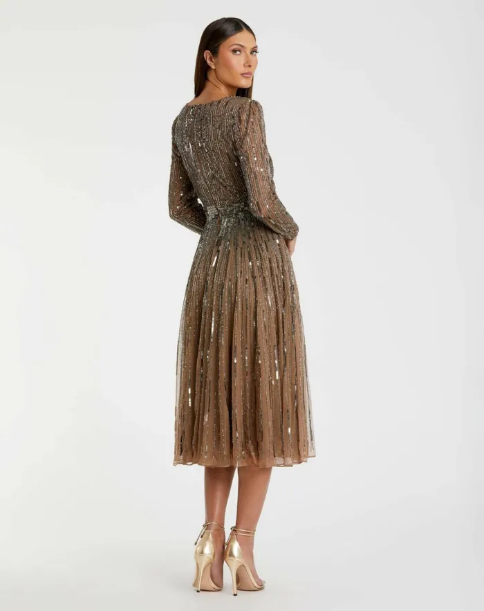 Women Cocktail Dresses Mac Duggal Brown Long Sleeve Tea Length Dress Dark Taupe Women Cocktail Dresses Mac Duggal Brown Long Sleeve Tea Length Dress Dark Taupe