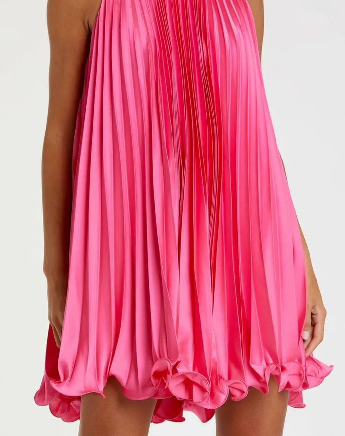 Women Cocktail Dresses Mac Duggal Pink Pleated Halter Neck Flowy Mini Trapeze Dress Candy Pink