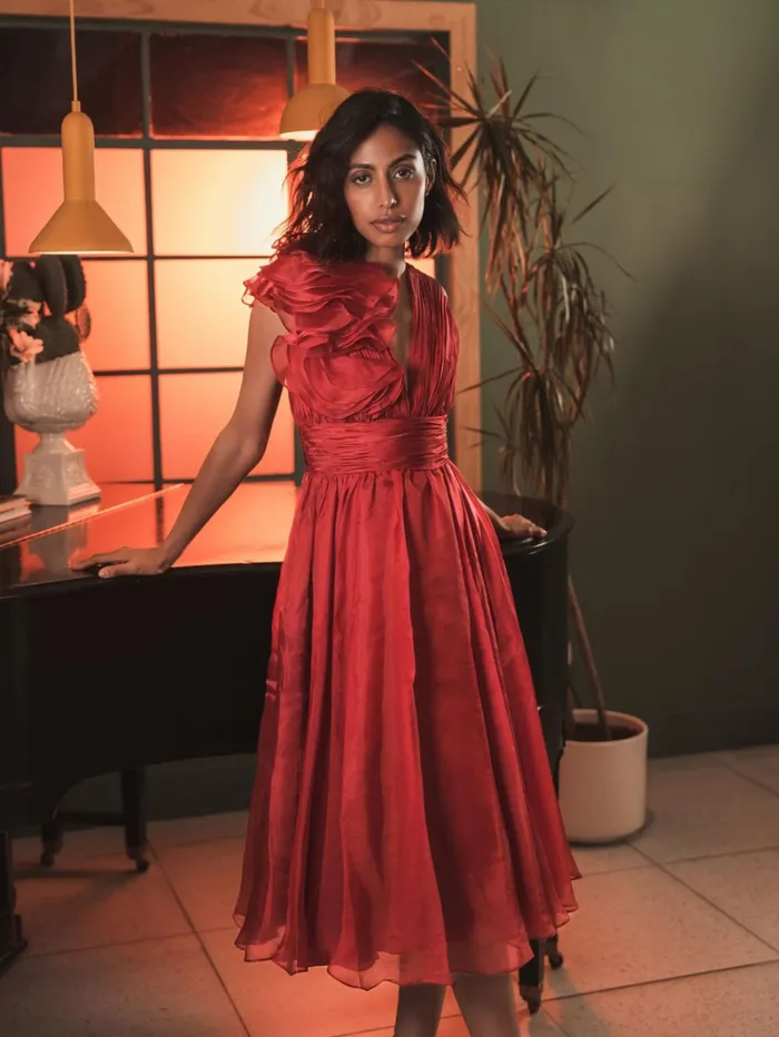 Women Cocktail Dresses Mac Duggal Red Sleeveless Chiffon ALine Tea Length Cocktail Dress Wine