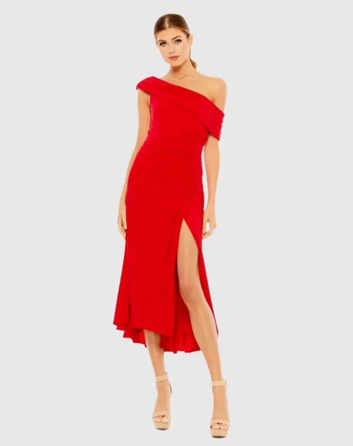 Women Cocktail Dresses Mac Duggal Ruched OffTheShoulder Midi Dress Red