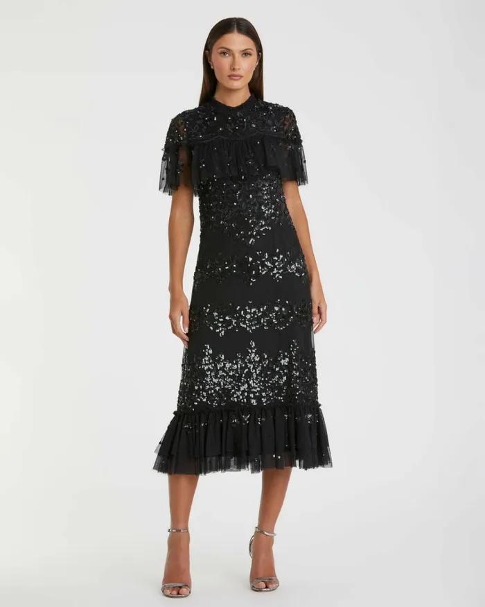 Women Cocktail Dresses Mac Duggal Sequined High Neck Ruffled Flutter Sleeve Midi Dress Black Women Cocktail Dresses Mac Duggal Sequined High Neck Ruffled Flutter Sleeve Midi Dress Black