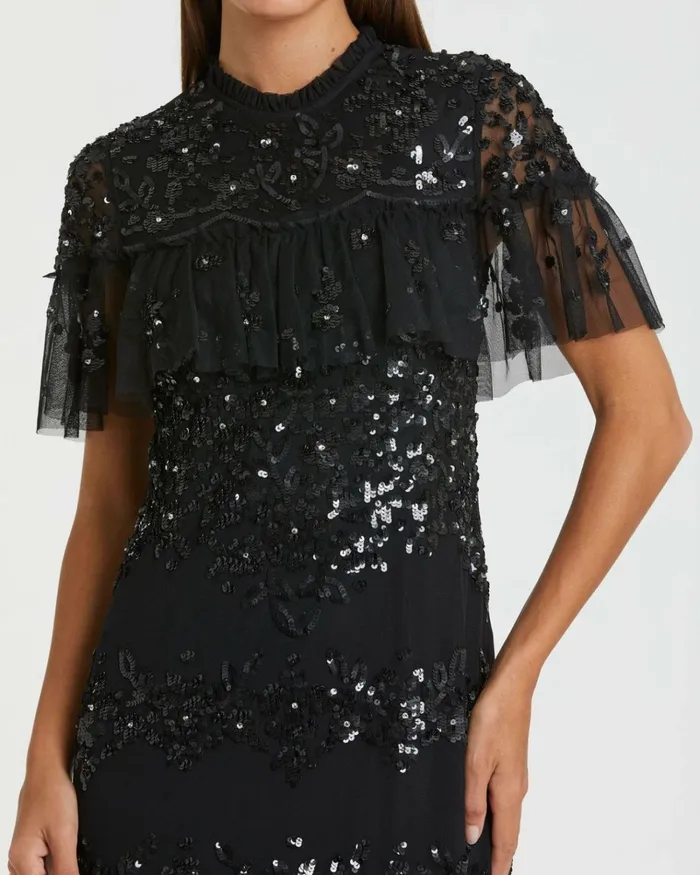 Women Cocktail Dresses Mac Duggal Sequined High Neck Ruffled Flutter Sleeve Midi Dress Black
