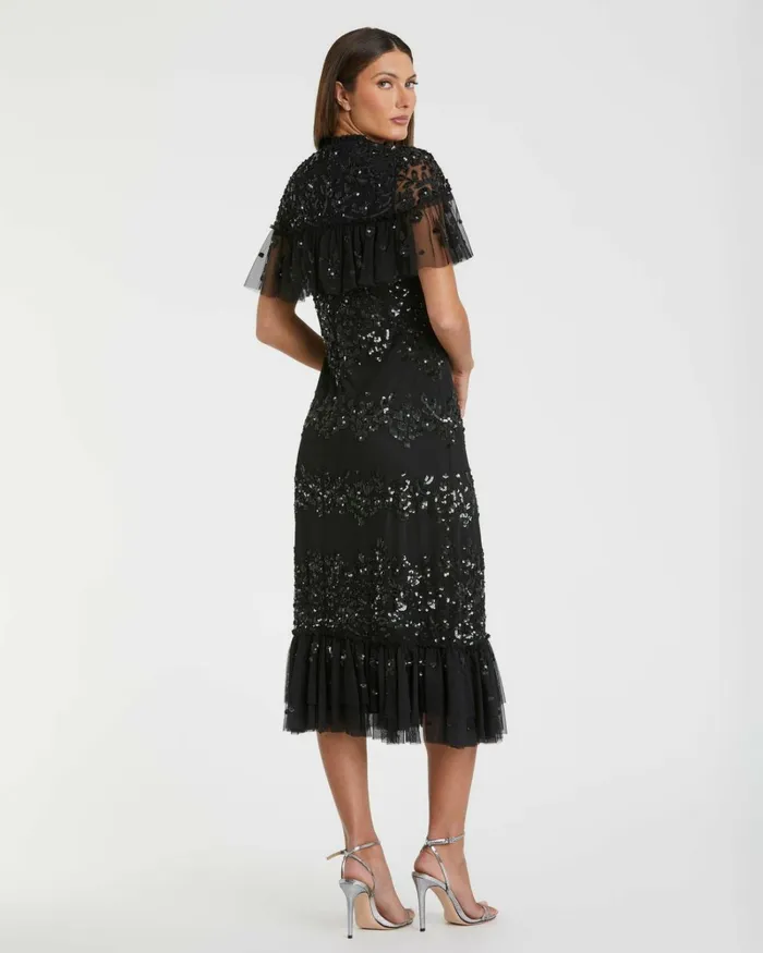 Women Cocktail Dresses Mac Duggal Sequined High Neck Ruffled Flutter Sleeve Midi Dress Black