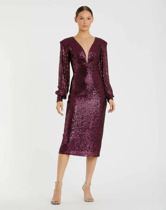 Women Cocktail Dresses Mac Duggal Sequined Structured Bishop Sleeve Midi Dress Magenta