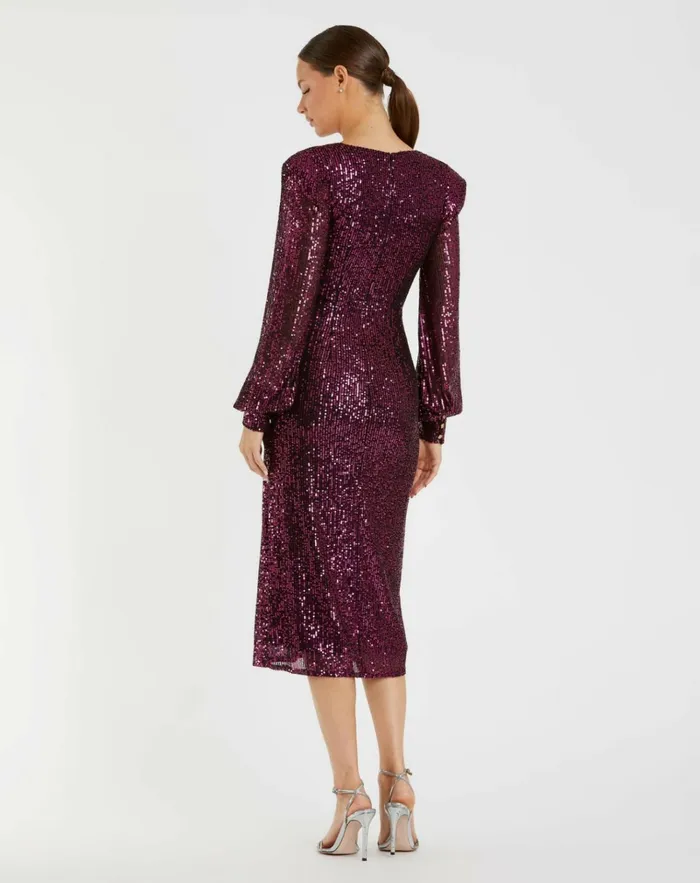 Women Cocktail Dresses Mac Duggal Sequined Structured Bishop Sleeve Midi Dress Magenta Women Cocktail Dresses Mac Duggal Sequined Structured Bishop Sleeve Midi Dress Magenta