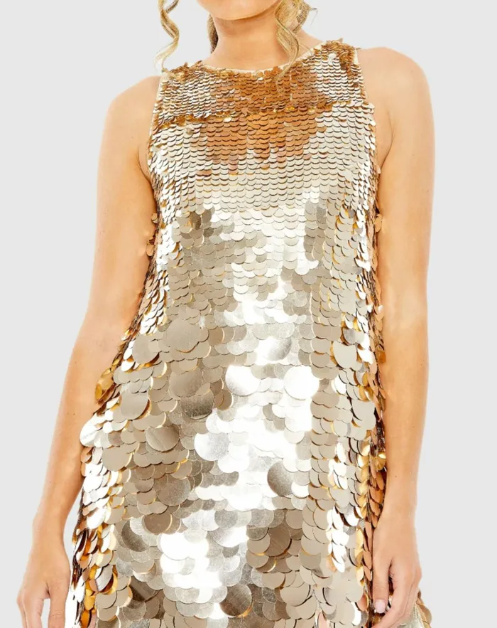 Women Cocktail Dresses Mac Duggal Sleeveless Disc Sequin Trapeze Dress Silver
