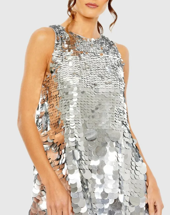 Women Cocktail Dresses Mac Duggal Sleeveless Disc Sequin Trapeze Dress Silver