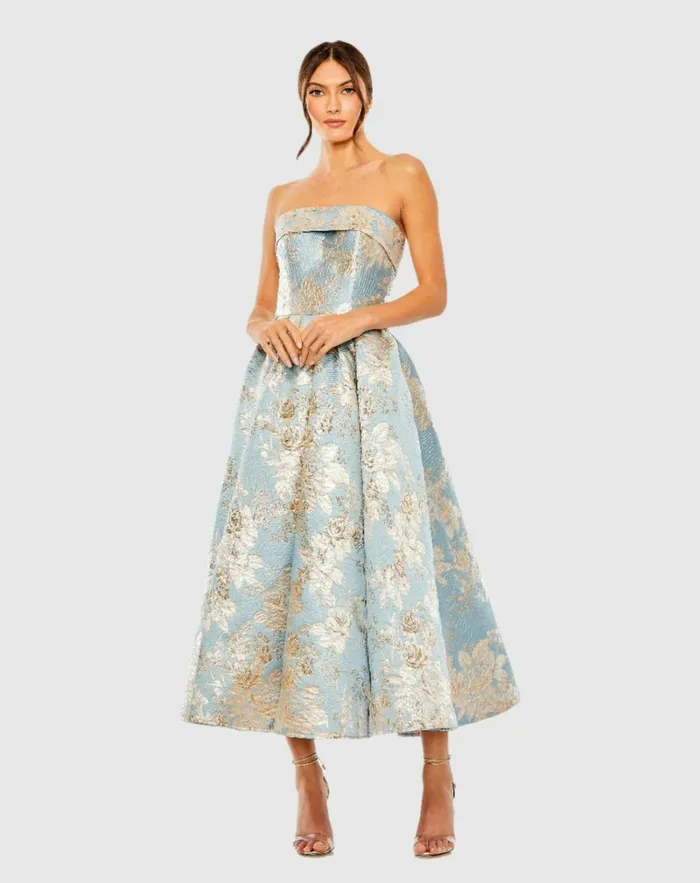 Women Cocktail Dresses Mac Duggal Strapless Brocade Midi Dress With Pockets Blue Multi