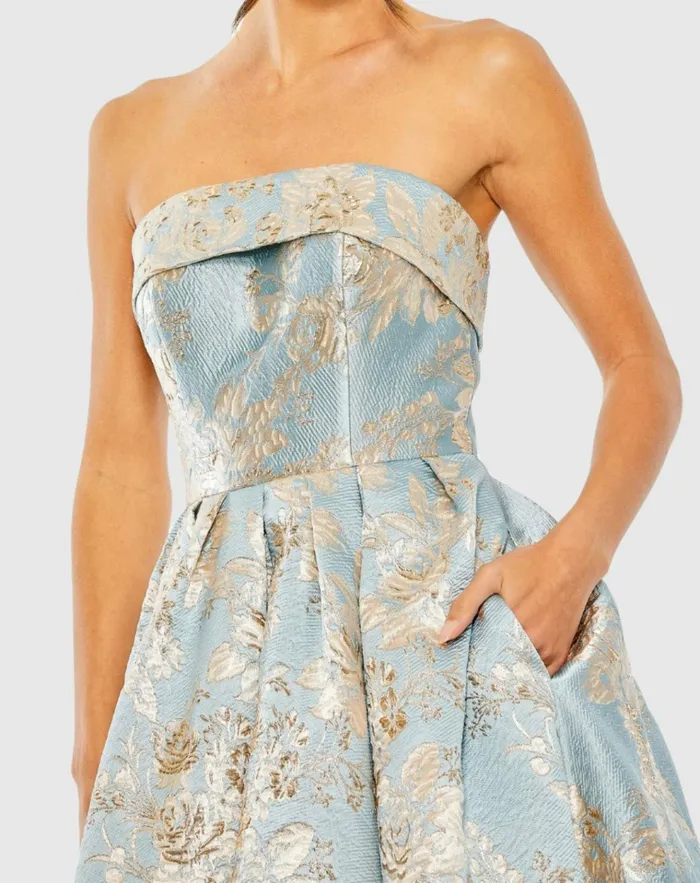 Women Cocktail Dresses Mac Duggal Strapless Brocade Midi Dress With Pockets Blue Multi