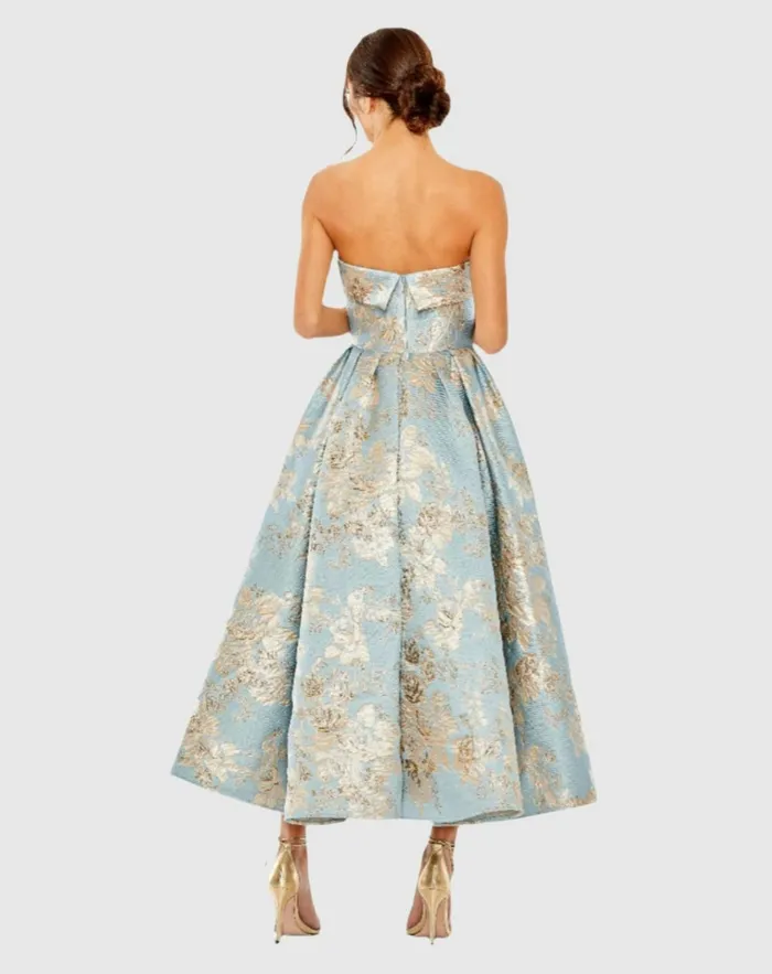 Women Cocktail Dresses Mac Duggal Strapless Brocade Midi Dress With Pockets Blue Multi