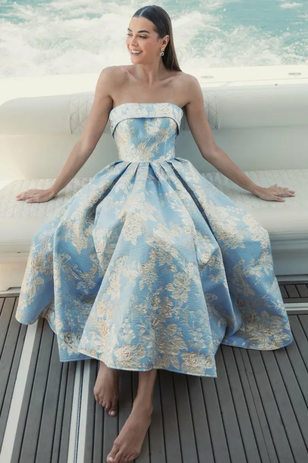 Women Cocktail Dresses Mac Duggal Strapless Brocade Midi Dress With Pockets Blue Multi