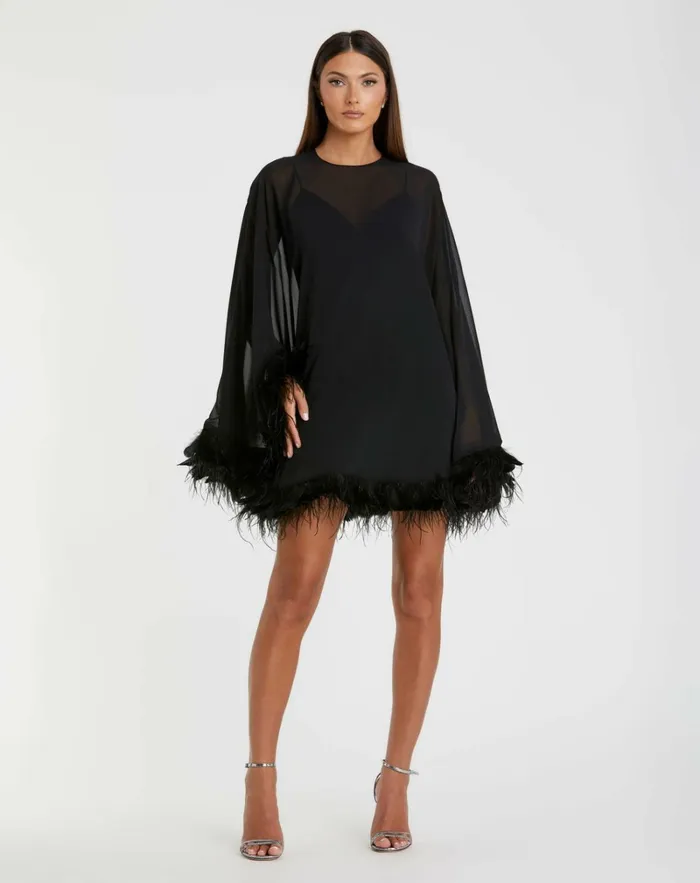 Women Cocktail Dresses Mac Duggal Trapeze Feather Trim Mini Dress Black