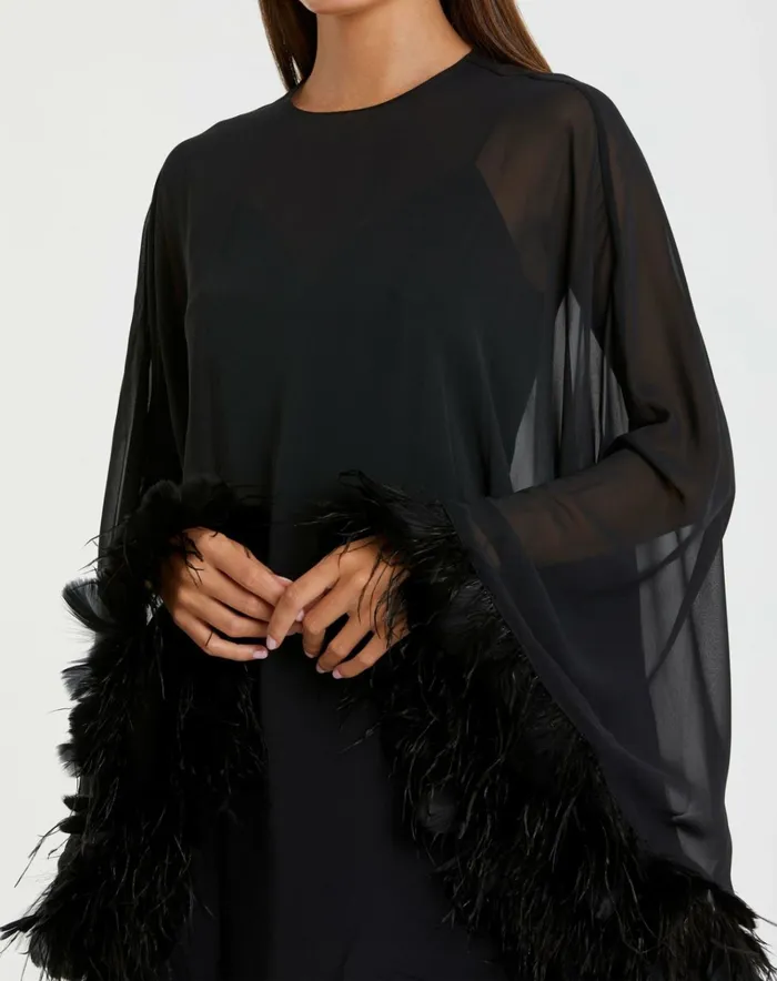 Women Cocktail Dresses Mac Duggal Trapeze Feather Trim Mini Dress Black