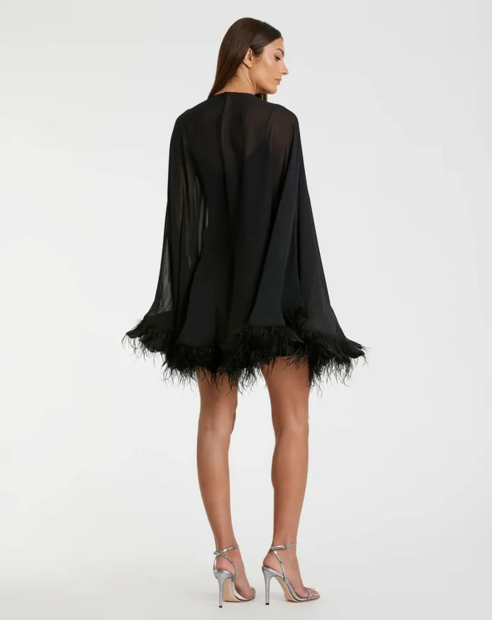 Women Cocktail Dresses Mac Duggal Trapeze Feather Trim Mini Dress Black