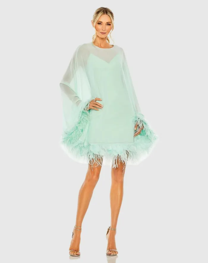 Women Cocktail Dresses Mac Duggal Trapeze Feather Trim Mini Dress Black