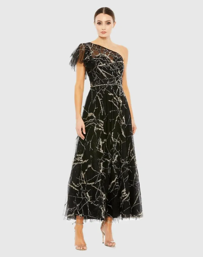 Women Cocktail Dresses Mac Duggal Two Tone One Shoulder A Line Dress Black