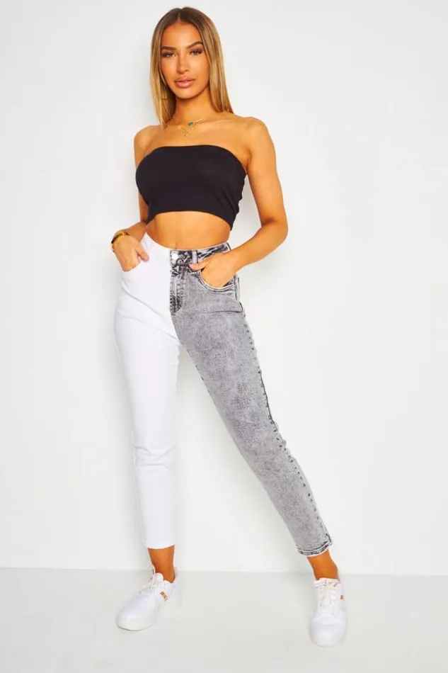 Women Contrast Two Tone Jean In Grey And White Grey Brentiny Paris Jeans