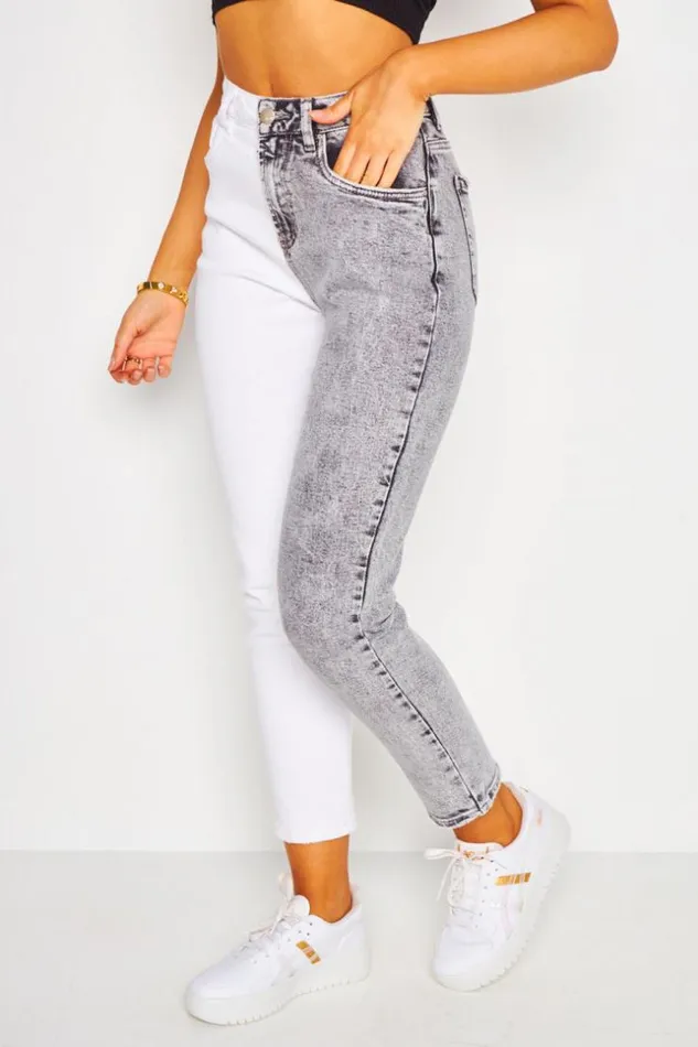 Women Contrast Two Tone Jean In Grey And White Grey Brentiny Paris Jeans