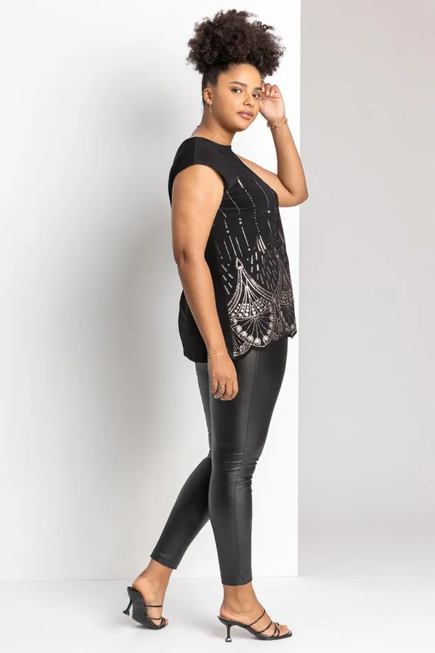 Women Copper Curve Art Deco Glitter Print Top Roman Tops
