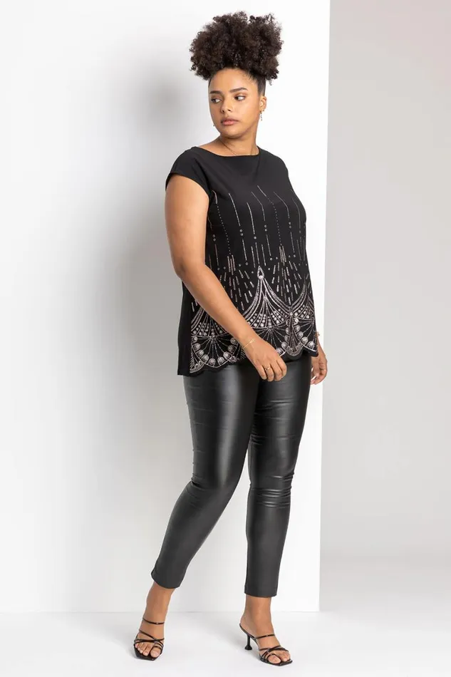 Women Copper Curve Art Deco Glitter Print Top Roman Tops