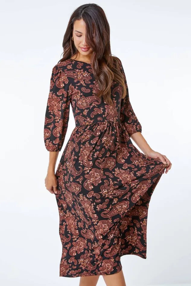 Women Copper Paisley Pocket Stretch Midi Dress Roman Dresses