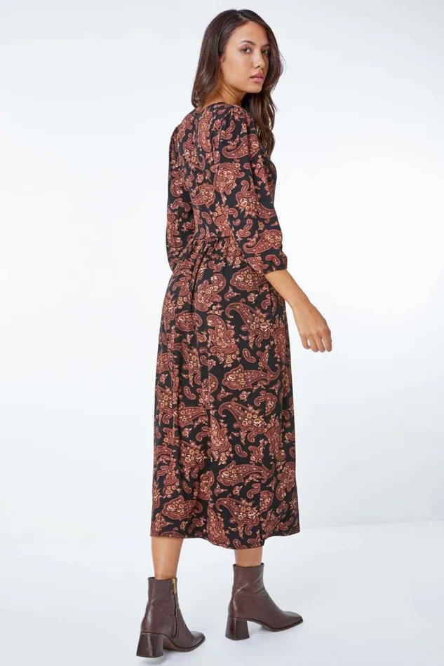 Women Copper Paisley Pocket Stretch Midi Dress Roman Dresses