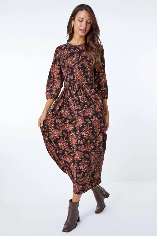 Women Copper Paisley Pocket Stretch Midi Dress Roman Dresses