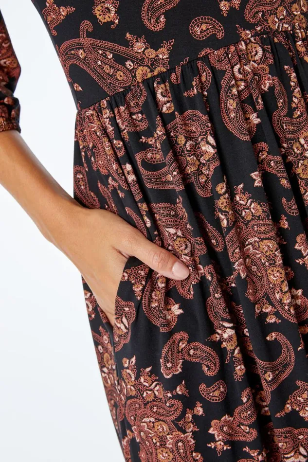 Women Copper Paisley Pocket Stretch Midi Dress Roman Dresses