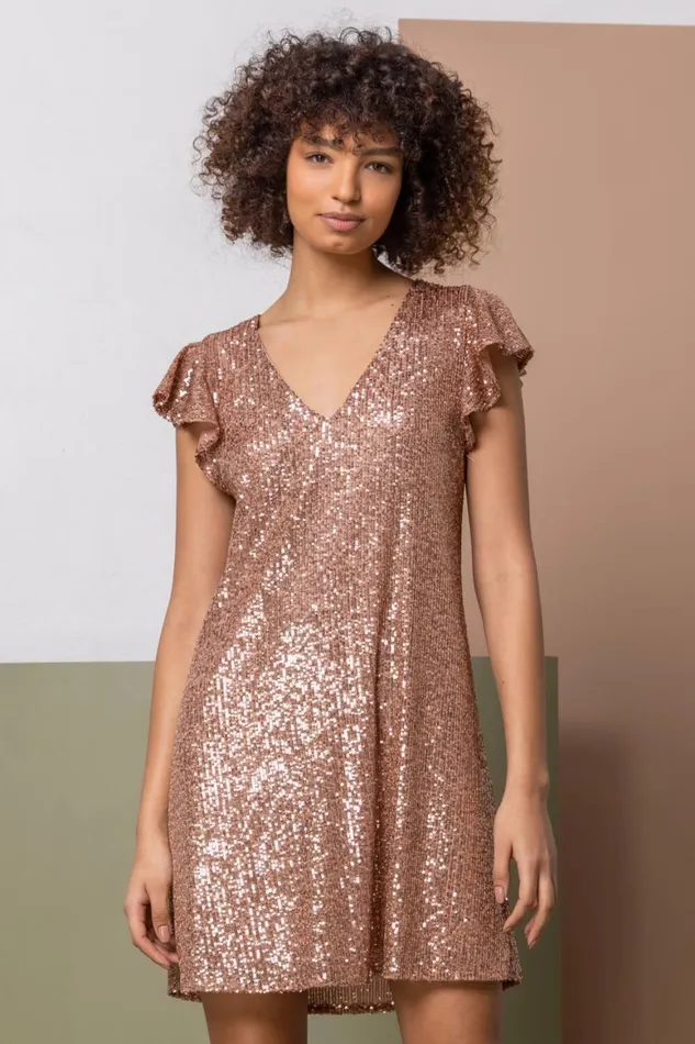 Women Copper Sequin VNeck Frill Sleeve Dress Roman Dresses