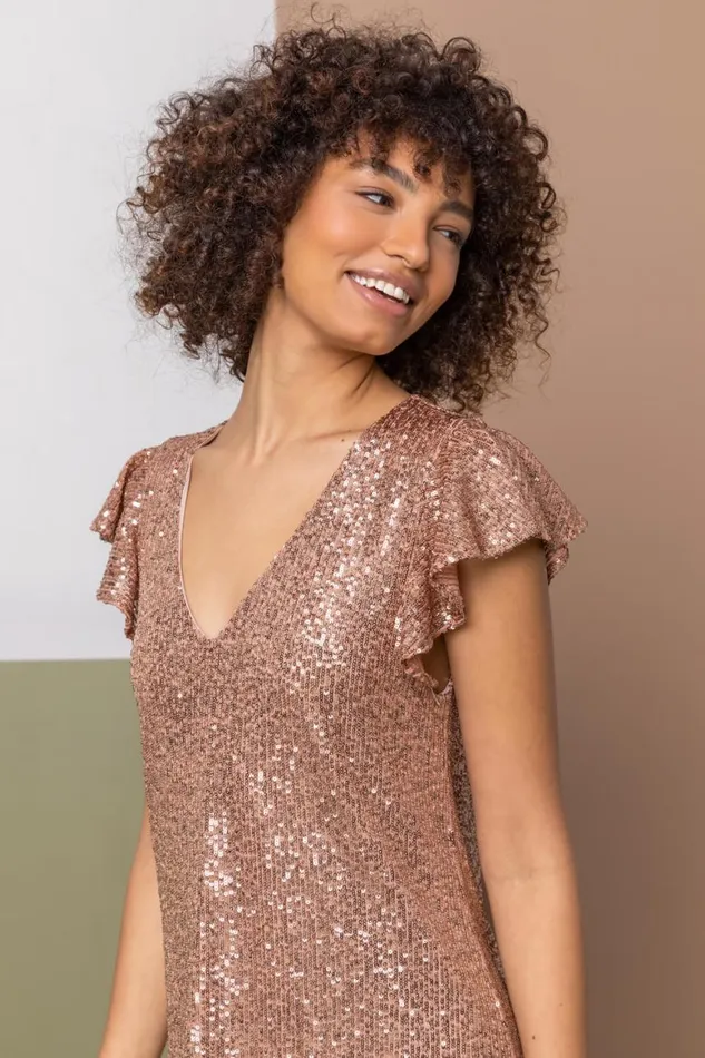 Women Copper Sequin VNeck Frill Sleeve Dress Roman Dresses