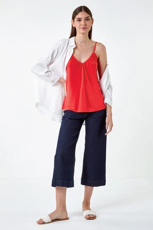 Women Coral Gathered VNeck Stretch Vest Top Roman Tops