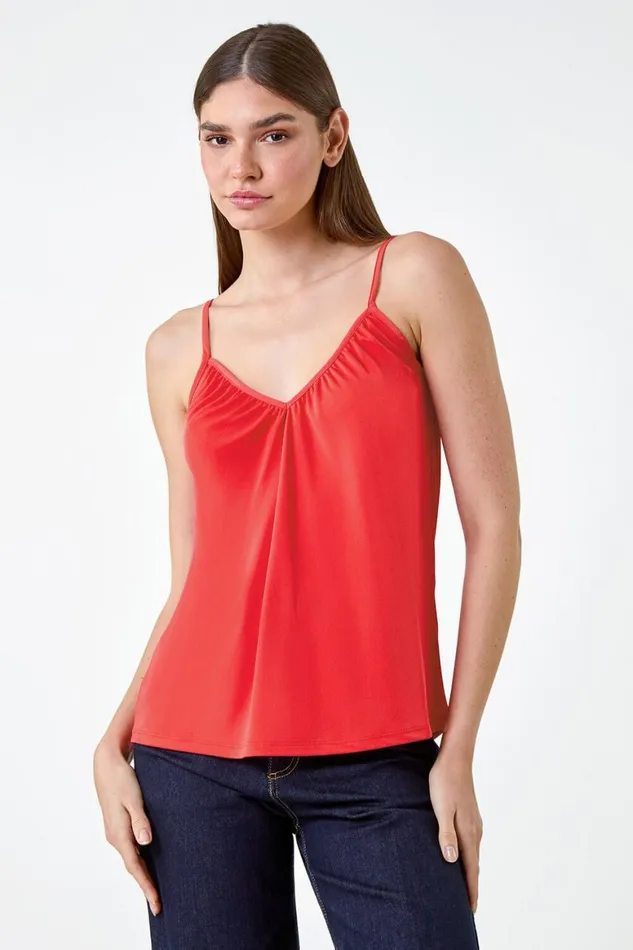 Women Coral Gathered VNeck Stretch Vest Top Roman Tops