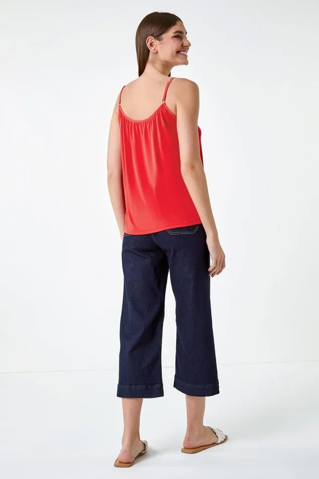 Women Coral Gathered VNeck Stretch Vest Top Roman Tops