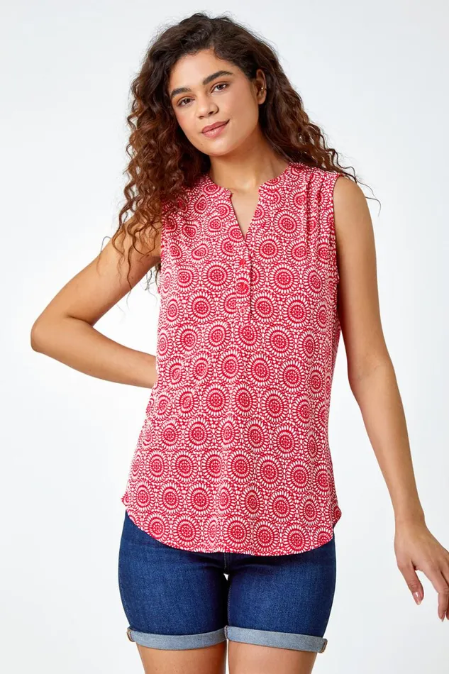 Women Coral Mosaic Print Stretch Jersey Top Roman Tops
