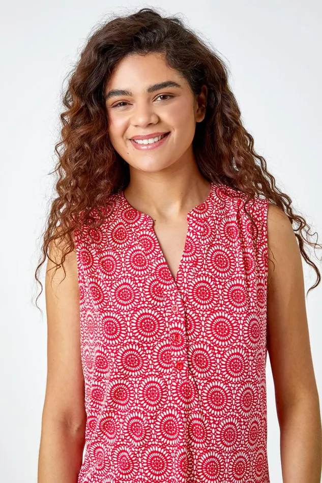 Women Coral Mosaic Print Stretch Jersey Top Roman Tops