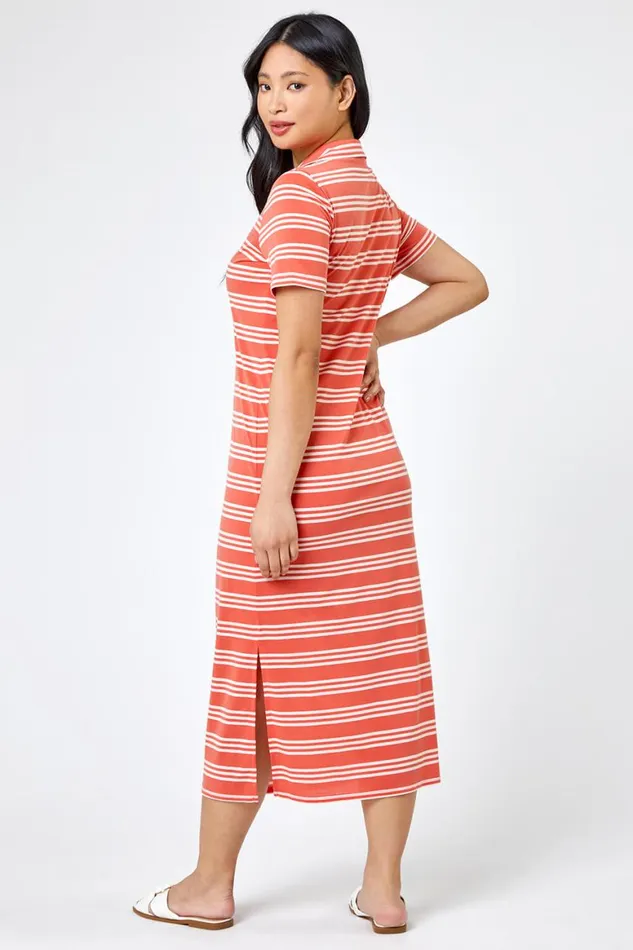 Women Coral Petite Stripe Print Polo Shirt Dress Roman Dresses