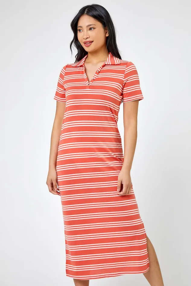 Women Coral Petite Stripe Print Polo Shirt Dress Roman Dresses
