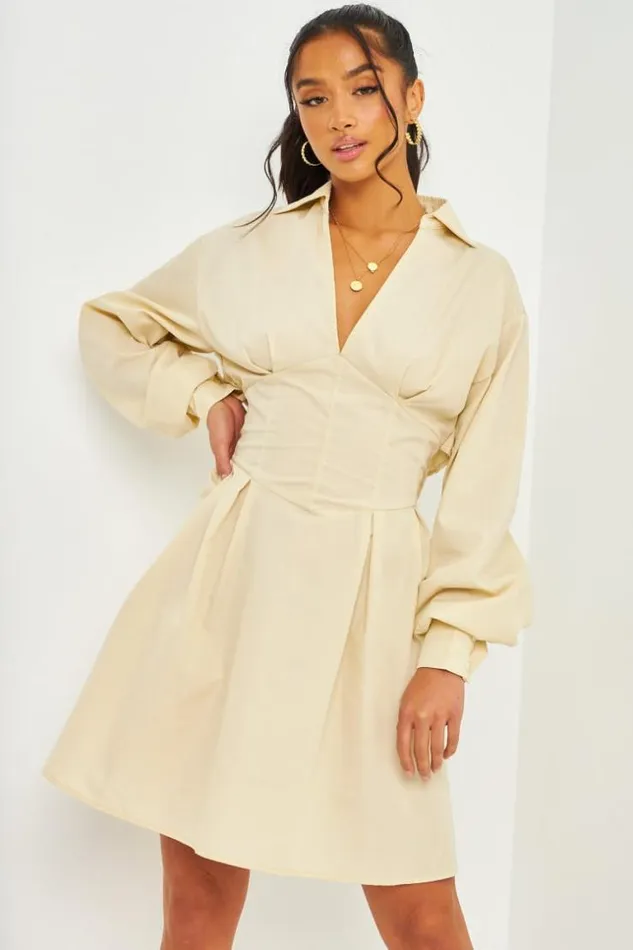Women Corset Detail Mini Dress With Cut Out Back In Beige Beige Brentiny Paris Ceremonial Outfits Women Corset Detail Mini Dress With Cut Out Back In Beige Beige Brentiny Paris Ceremonial Outfits