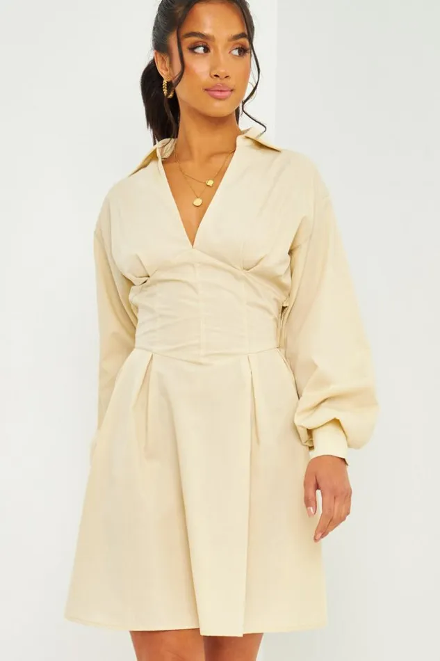 Women Corset Detail Mini Dress With Cut Out Back In Beige Beige Brentiny Paris Ceremonial Outfits