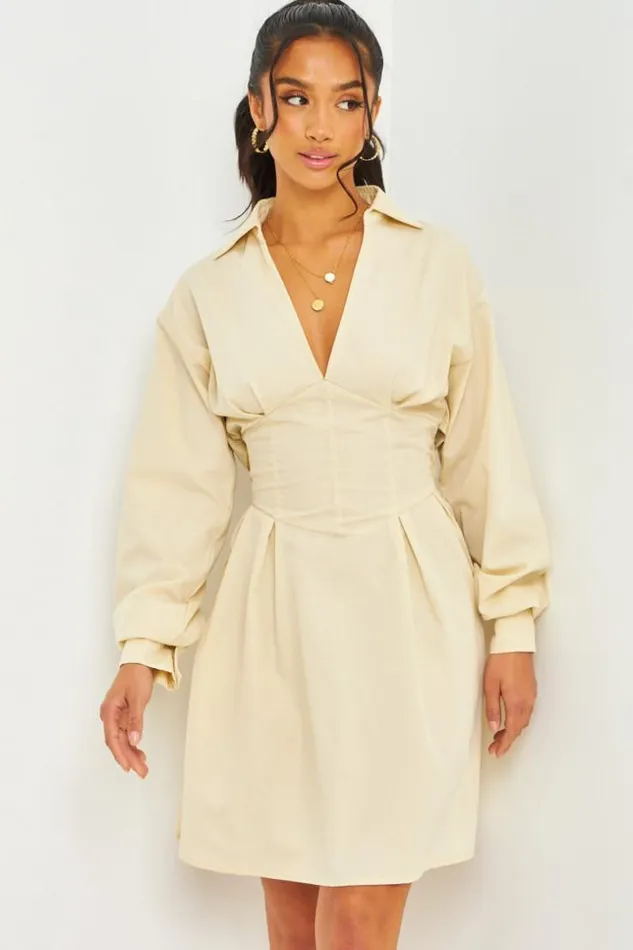 Women Corset Detail Mini Dress With Cut Out Back In Beige Beige Brentiny Paris Ceremonial Outfits
