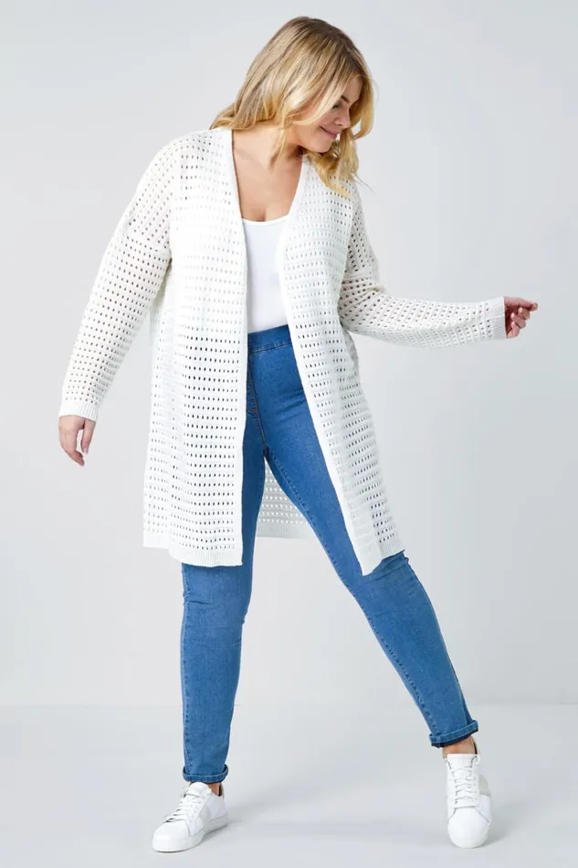 Women Cream Curve Pointelle Longline Cardigan Roman Knitwear