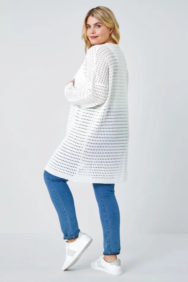 Women Cream Curve Pointelle Longline Cardigan Roman Knitwear